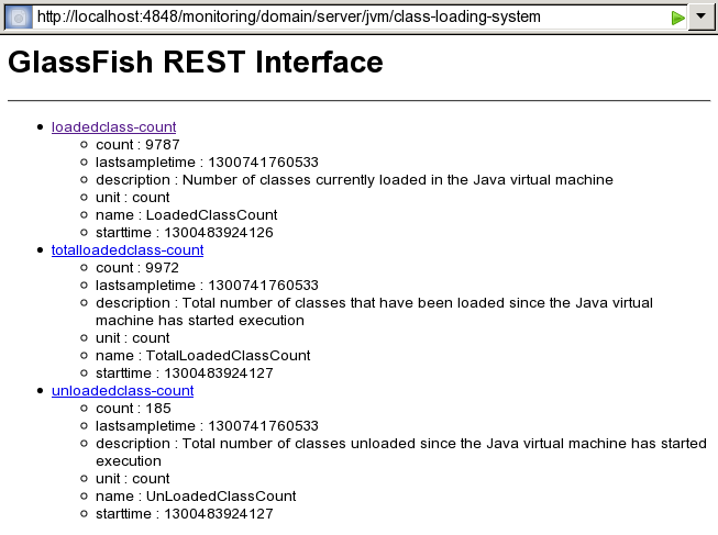 Screen capture showing the web page for the REST resource that provides class loader statistics.